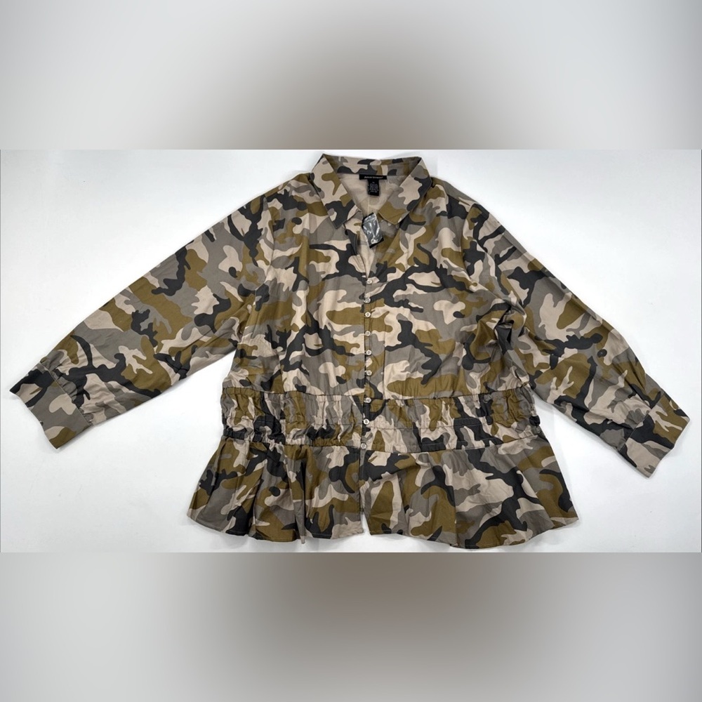Ashley Stewart Camo Shirt Womens 30 Button Shacket Smock Waist Long Sleeve NEW